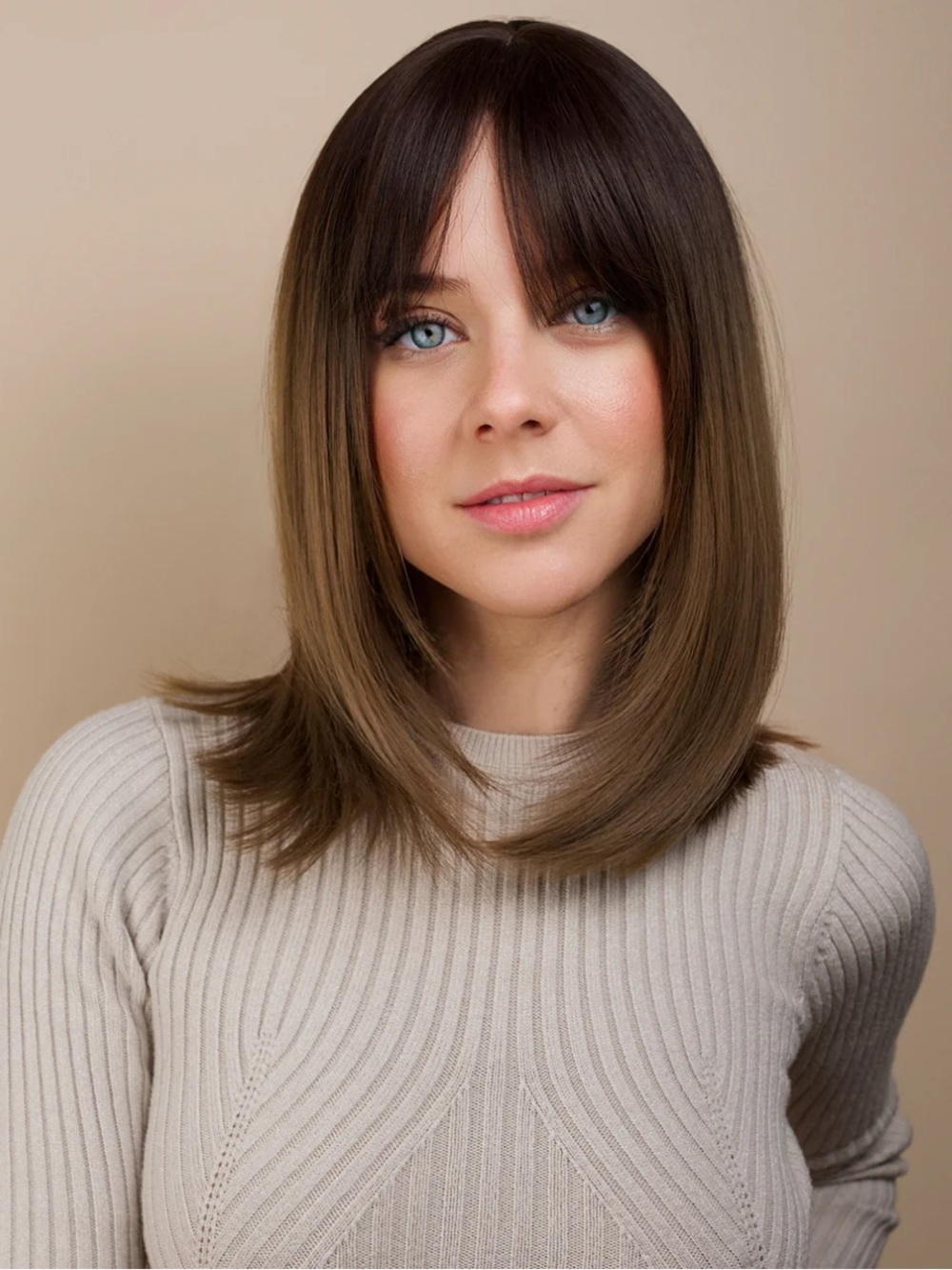 Irresistible Me, Vegan fiber wig - 16" brown melt with fringe, BNIB
